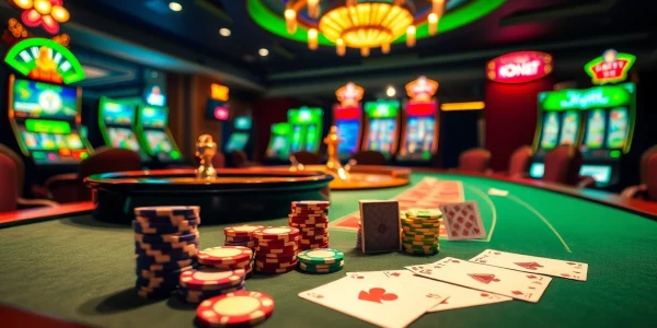 Experience the excitement of link 188bet with vibrant casino tables, cards, and chips in a luxury setting.