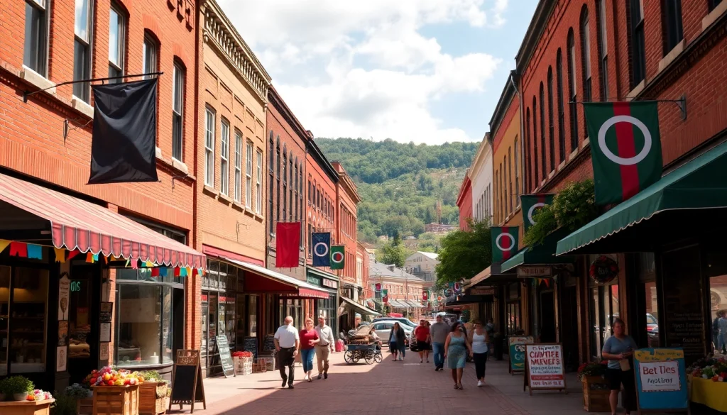 Experience the lively atmosphere of Clarksburg through its vibrant street scene filled with community spirit.