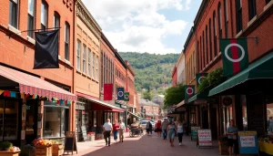 Experience the lively atmosphere of Clarksburg through its vibrant street scene filled with community spirit.