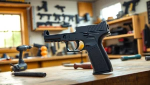 A professional setup with the pf940c pistol frame showcased and surrounded by tools.