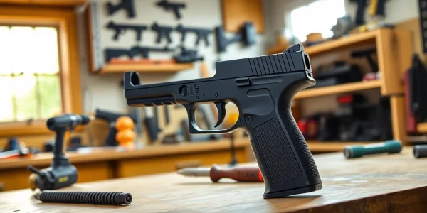 A professional setup with the pf940c pistol frame showcased and surrounded by tools.