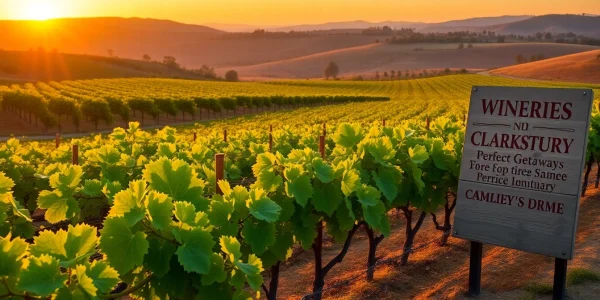 Enjoying wineries in Clarksburg with scenic vineyards and sunset lighting.