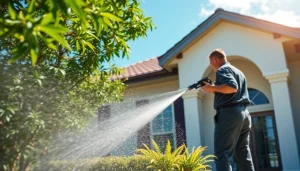 Soft wash technician restoring a home’s exterior in Kissimmee, showcasing eco-friendly cleaning.