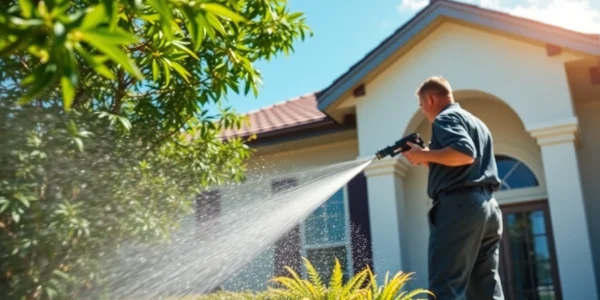 Soft wash technician restoring a home’s exterior in Kissimmee, showcasing eco-friendly cleaning.