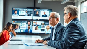Engaged crisis management consultant leading a strategy meeting in a modern office.