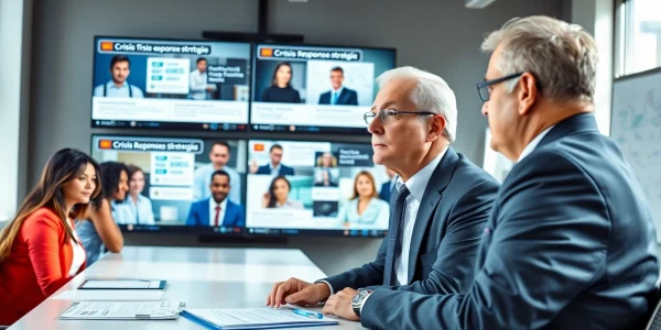 Engaged crisis management consultant leading a strategy meeting in a modern office.