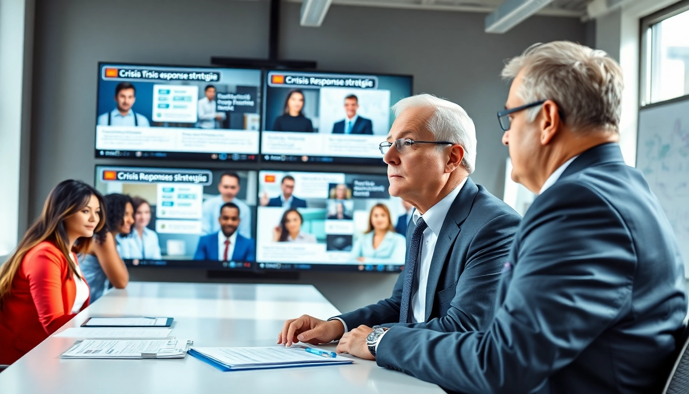 Engaged crisis management consultant leading a strategy meeting in a modern office.