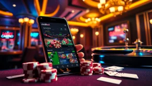 Engaging bettors using the Indibet.com app on a smartphone in a luxurious casino setting.