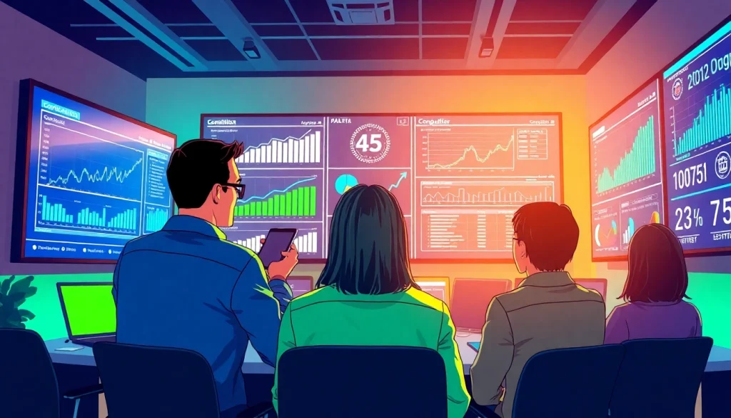 Analyze competitive intelligence with a team in a vibrant, data-driven environment.