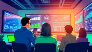 Analyze competitive intelligence with a team in a vibrant, data-driven environment.