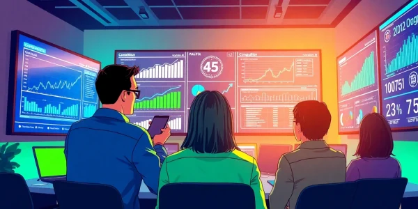 Analyze competitive intelligence with a team in a vibrant, data-driven environment.