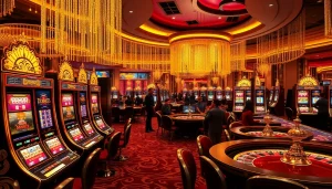 Berinteraksi dengan mesin slot Dewanaga89 di tengah suasana kasino mewah yang penuh gairah.