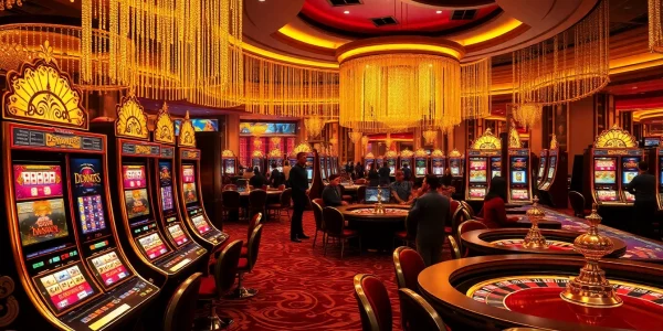 Berinteraksi dengan mesin slot Dewanaga89 di tengah suasana kasino mewah yang penuh gairah.