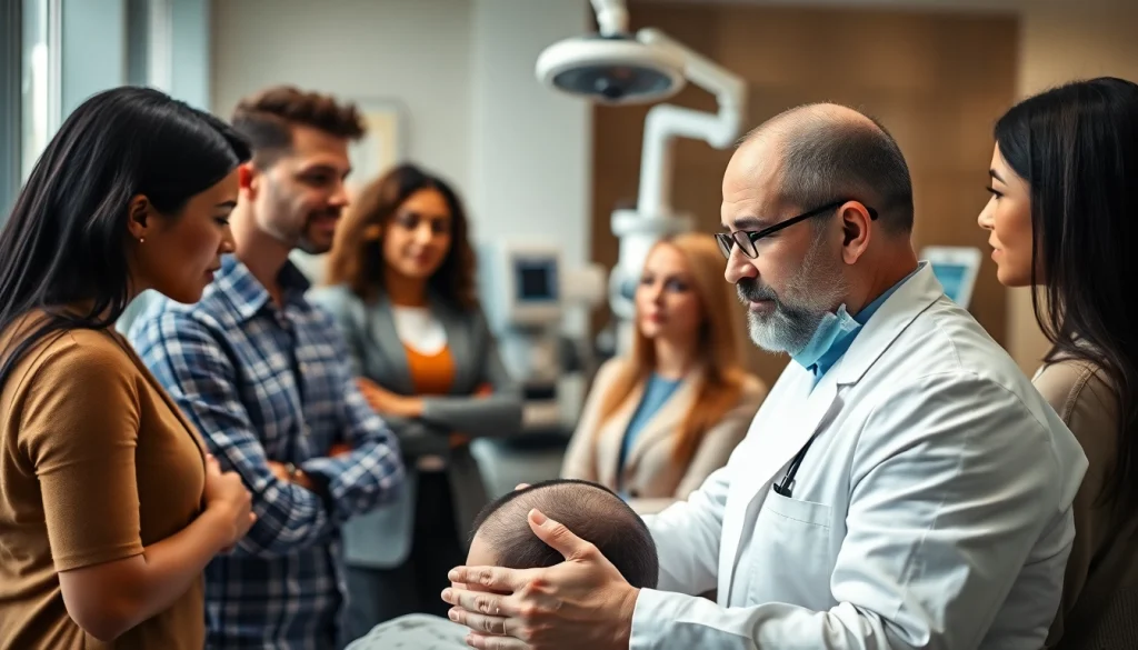 Hair transplant consultation showing a diverse group discussing surgical options in a modern clinic.