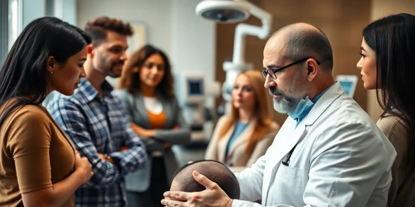 Hair transplant consultation showing a diverse group discussing surgical options in a modern clinic.