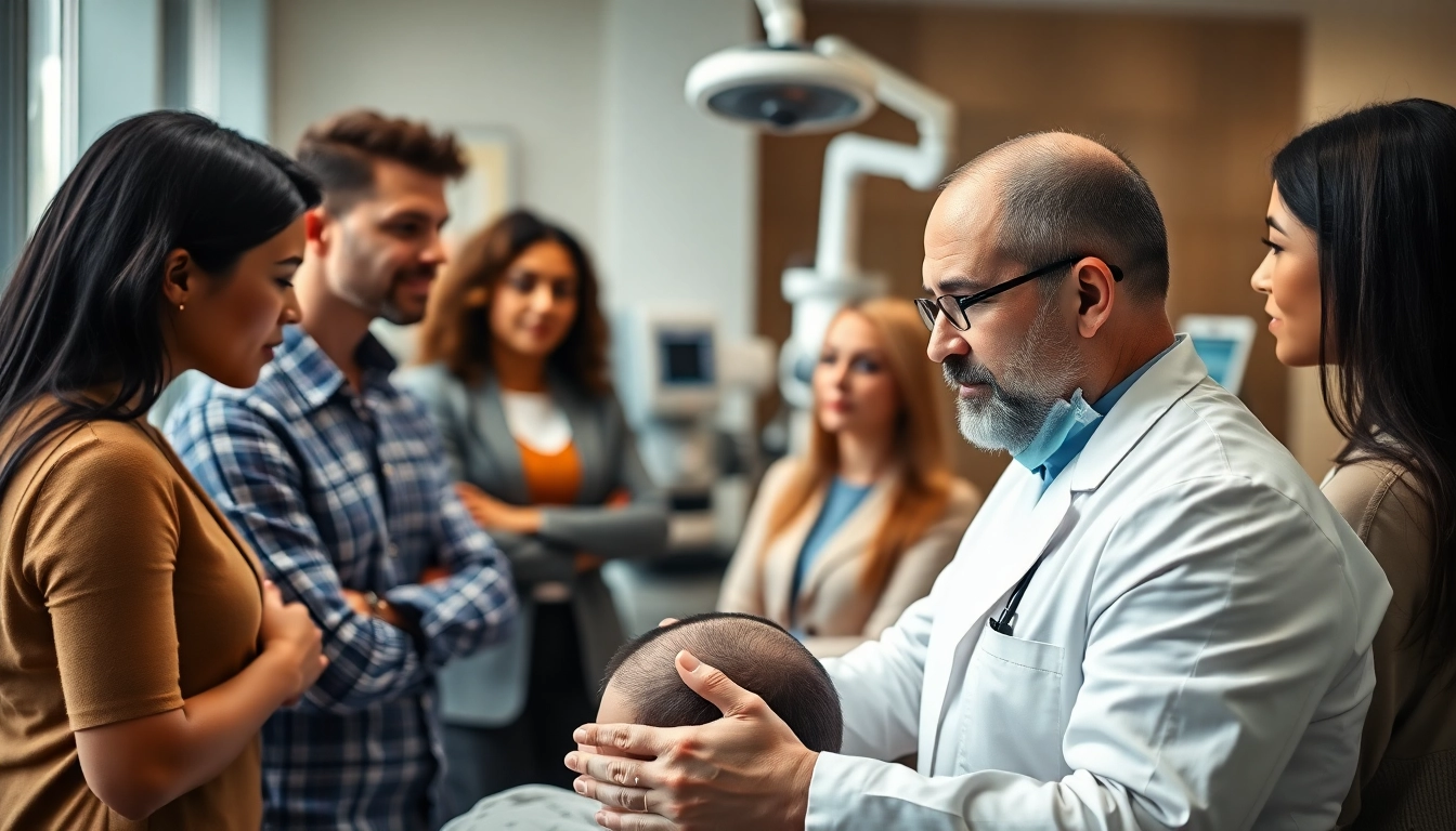 Hair transplant consultation showing a diverse group discussing surgical options in a modern clinic.
