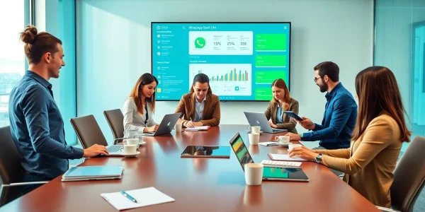 Engaging team utilizing WhatsApp Smart CRM software in a collaborative office environment.