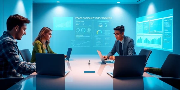 Phone number verification in a modern office setting, showcasing teamwork and technology.