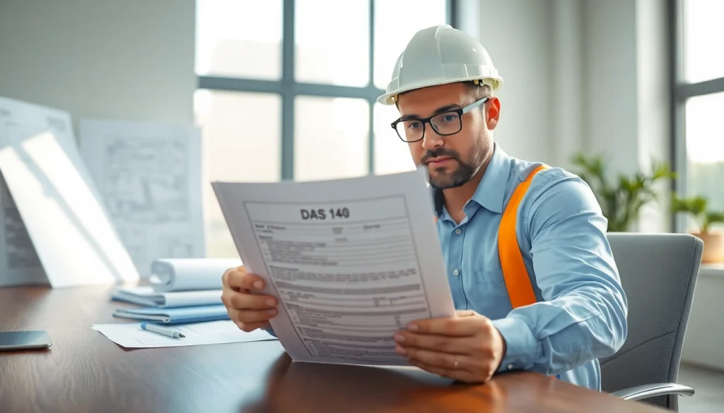 Contractor reviewing DAS 140 form on desk with blueprints and natural light.
