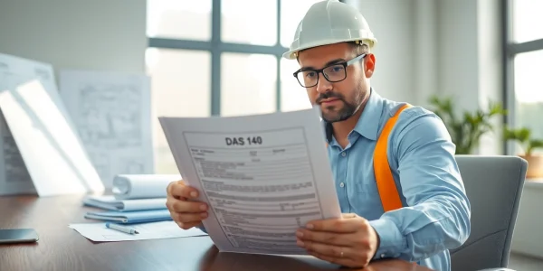 Contractor reviewing DAS 140 form on desk with blueprints and natural light.