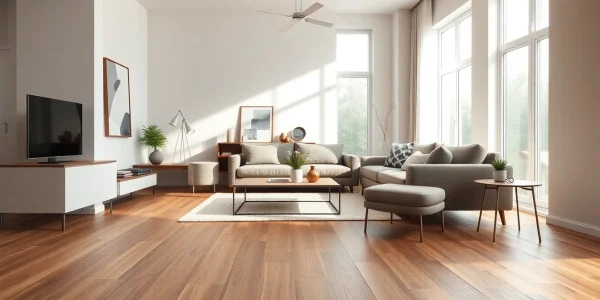 Superbe carrelage imitation parquet posé dans un salon moderne, avec un mobilier élégant.