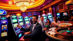 Exciting SLOTS8 gaming scene with players enjoying vibrant slot machines in a luxurious casino.