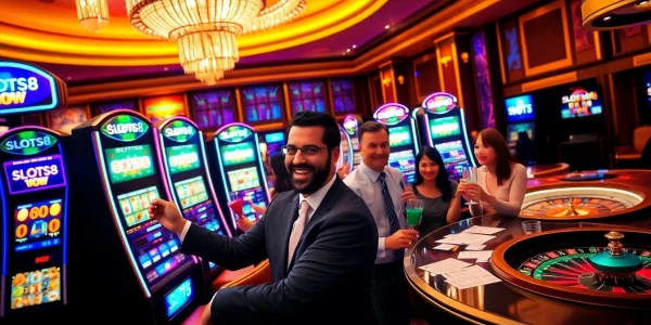 Exciting SLOTS8 gaming scene with players enjoying vibrant slot machines in a luxurious casino.
