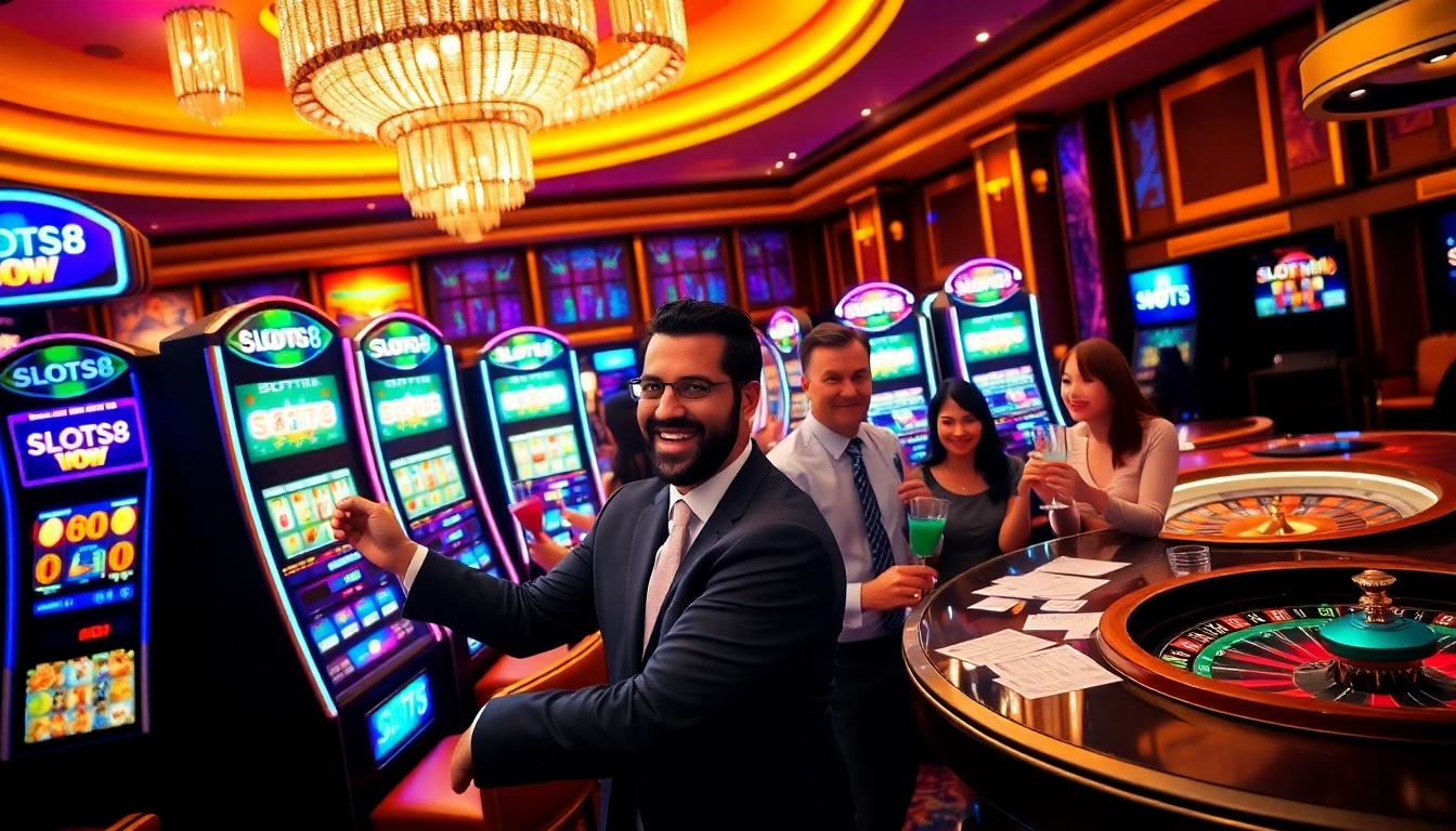 Exciting SLOTS8 gaming scene with players enjoying vibrant slot machines in a luxurious casino.