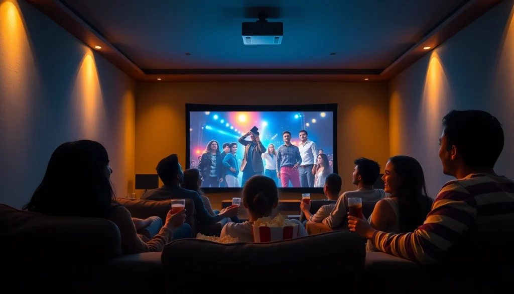 Cozy home theater filled with friends enjoying 'filme noi' together.