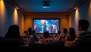 Cozy home theater filled with friends enjoying 'filme noi' together.