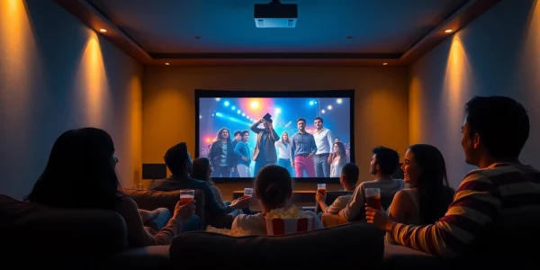 Cozy home theater filled with friends enjoying 'filme noi' together.