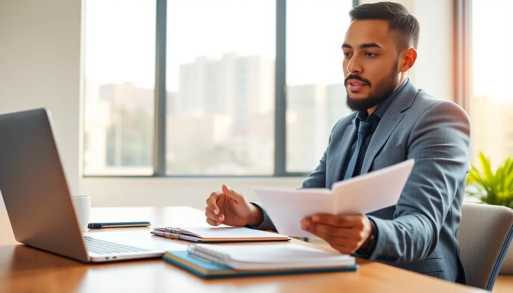 Job seeker focused on interview preparation with notes and laptop in a bright office.