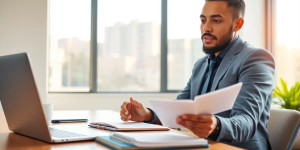 Job seeker focused on interview preparation with notes and laptop in a bright office.