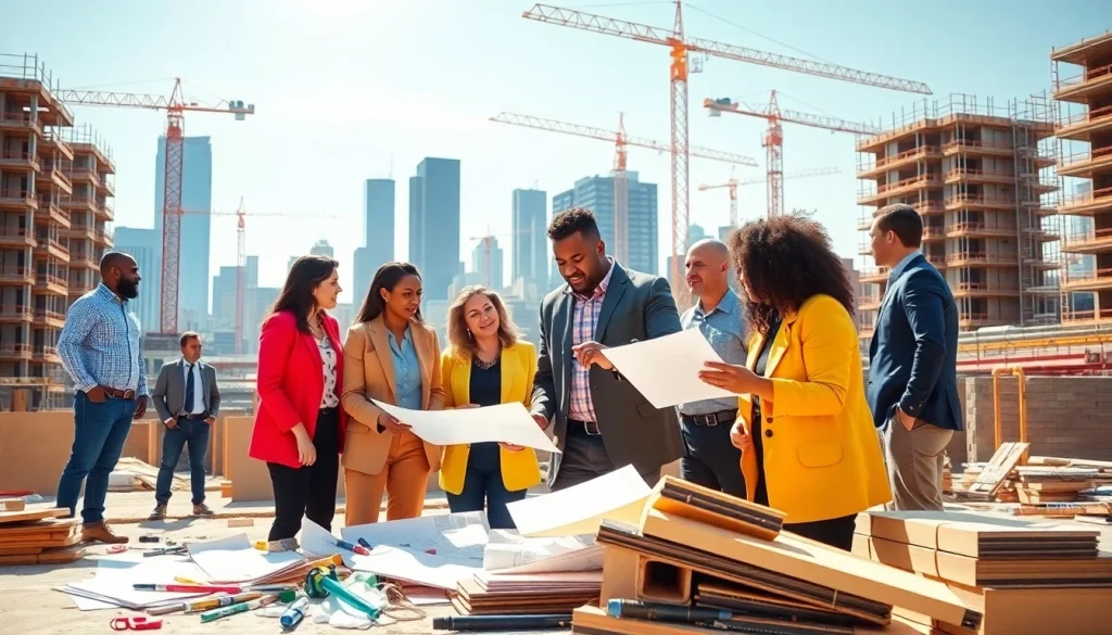 Engaging construction advocacy carolinas scene depicting collaboration among diverse individuals on a building site.
