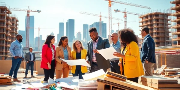 Engaging construction advocacy carolinas scene depicting collaboration among diverse individuals on a building site.