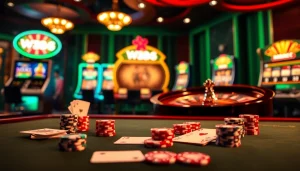 Engaging scene of a luxurious W88 online casino, featuring roulette and poker, inviting players to enjoy.