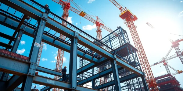 Workers engaged in structural steel construction with cranes and bright skies.