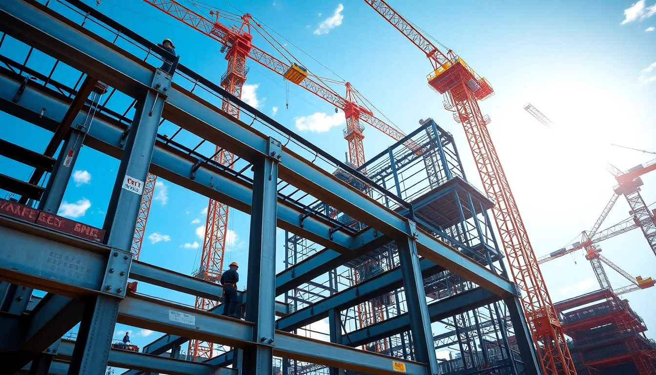 Workers engaged in structural steel construction with cranes and bright skies.