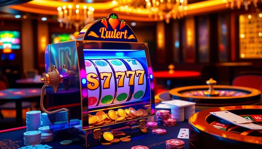 Experience the thrill of Slot777 with vibrant slot machines and casino tables in a luxurious gaming atmosphere.