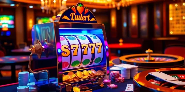 Experience the thrill of Slot777 with vibrant slot machines and casino tables in a luxurious gaming atmosphere.