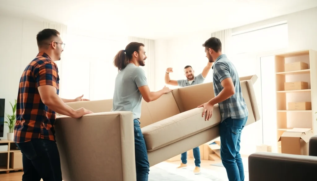 Vancouver moving company professionals expertly managing a move in a bright living room, symbolizing teamwork.