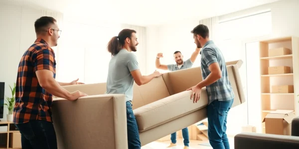 Vancouver moving company professionals expertly managing a move in a bright living room, symbolizing teamwork.