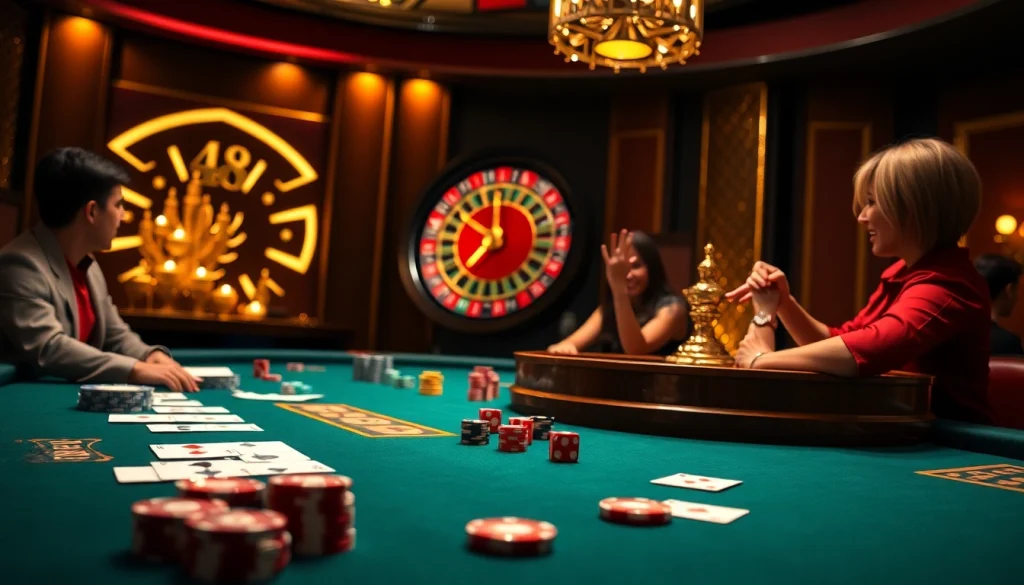 Engage with the thrilling ambiance of Bin88 casino featuring dynamic gaming action and vibrant casino elements.