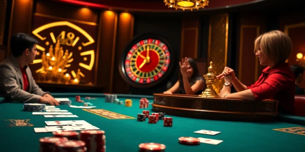 Engage with the thrilling ambiance of Bin88 casino featuring dynamic gaming action and vibrant casino elements.