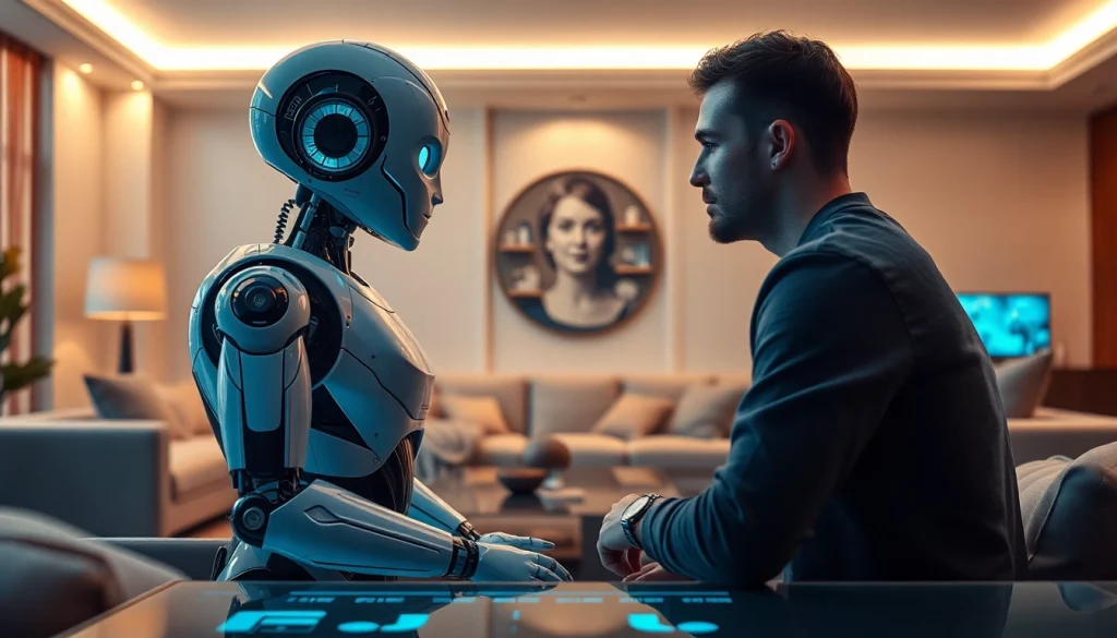 AI sex robot in a modern living room, showcasing emotional interaction and futuristic design.