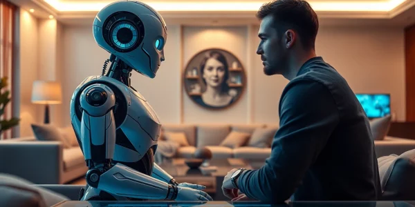 AI sex robot in a modern living room, showcasing emotional interaction and futuristic design.
