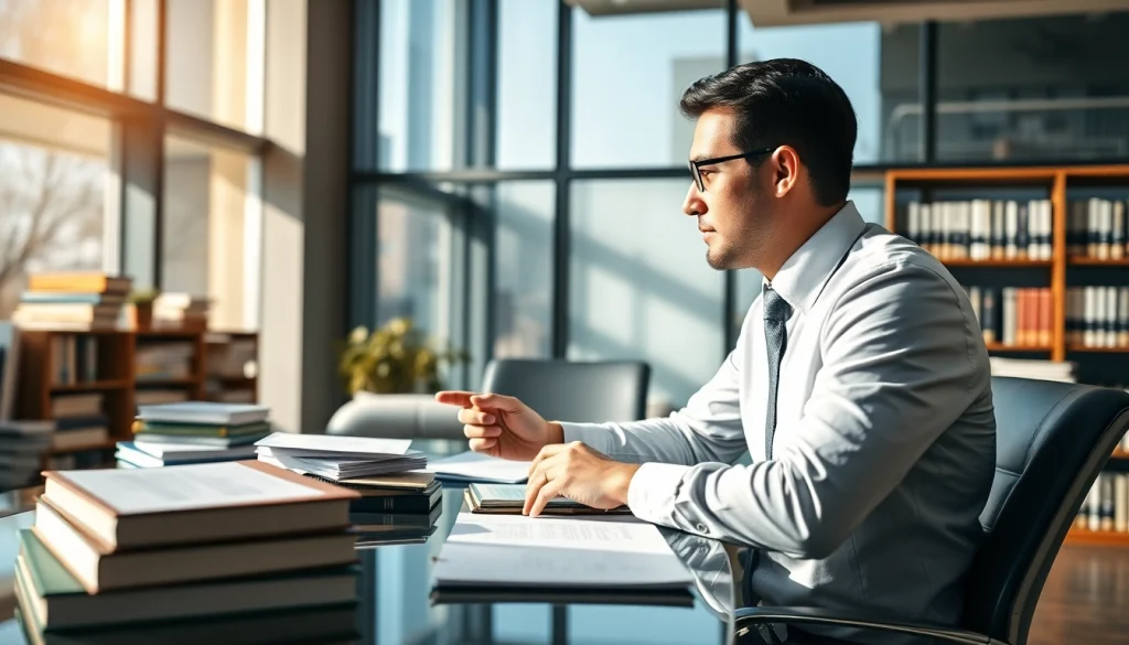 Engaging intellectual property lawyer advising a client in a professional office setting.