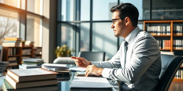 Engaging intellectual property lawyer advising a client in a professional office setting.