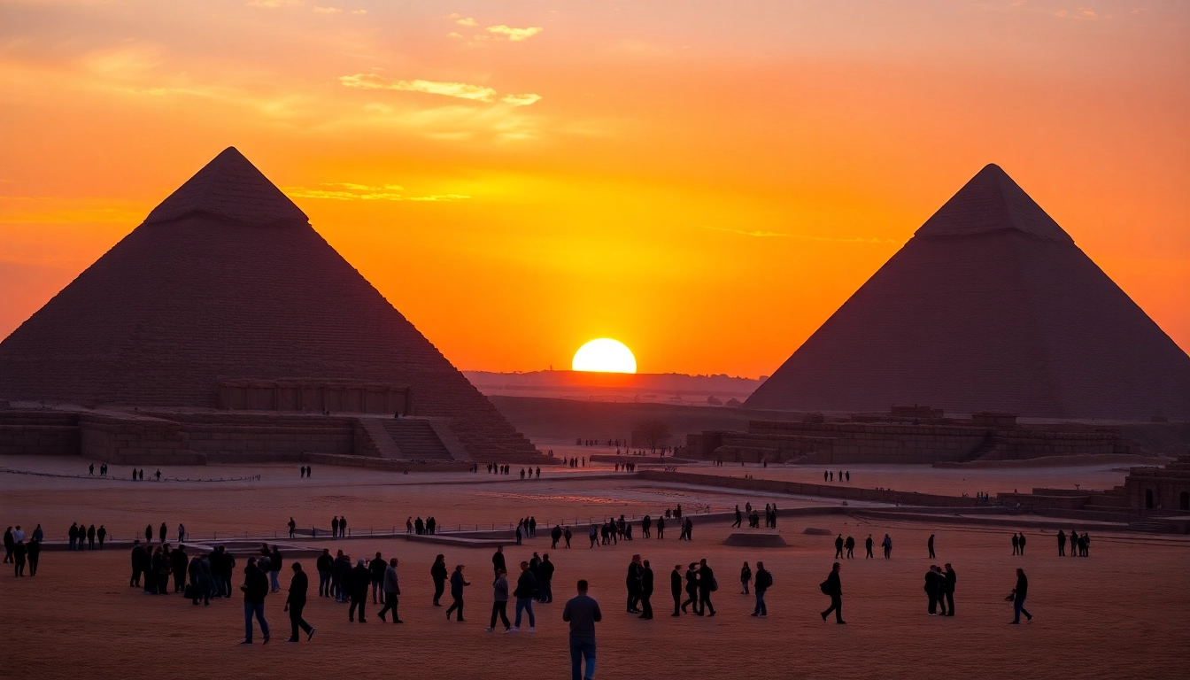 Pyraminds rising majestically against a vibrant sunset sky.