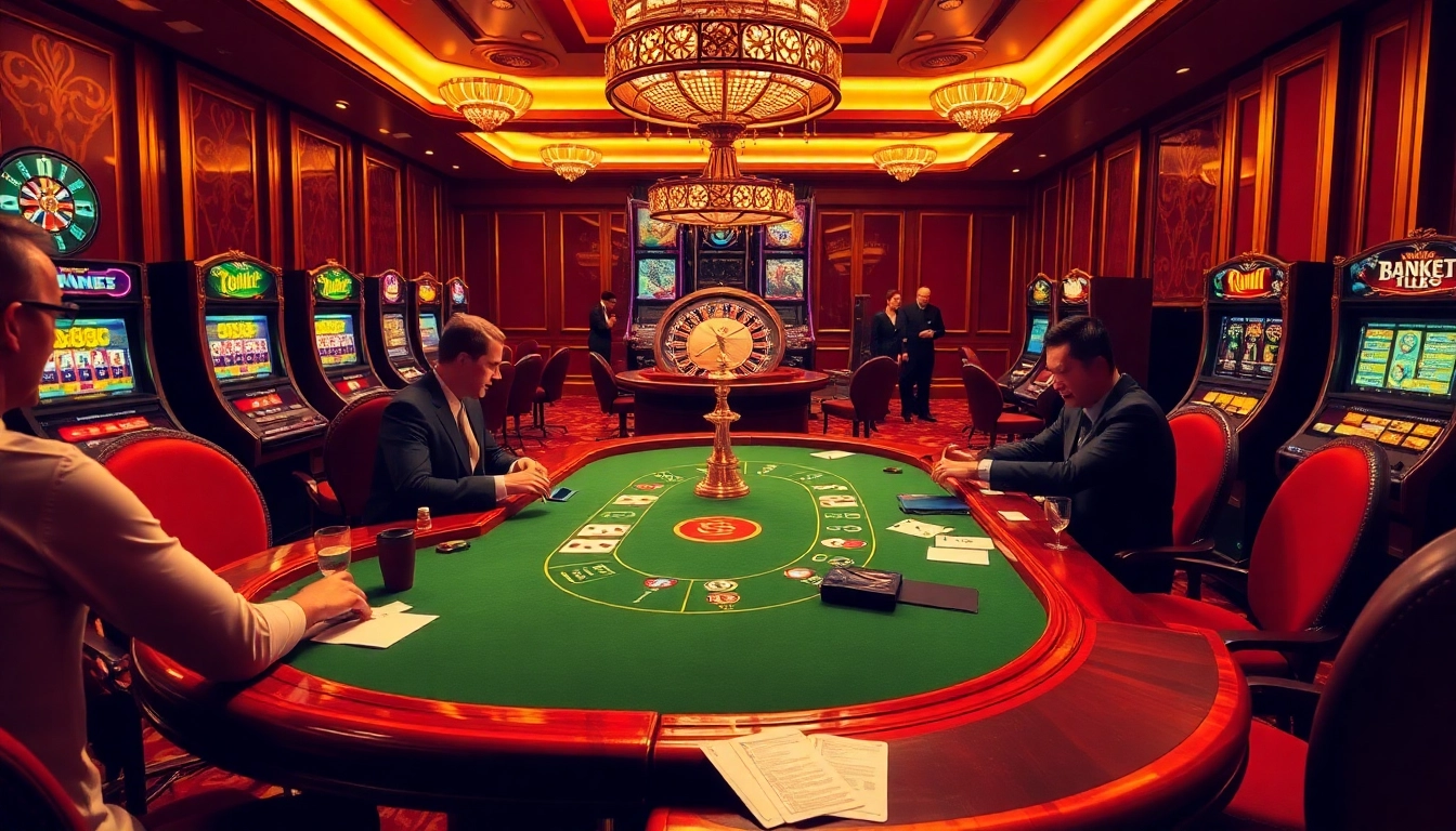 Players engaging at a luxurious poker table, enhancing their experience with onicplay while surrounded by vibrant casino elements.